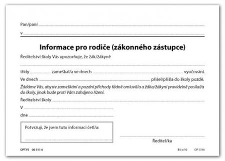 Informace pro rodiče, zákonného zástupce, list A5