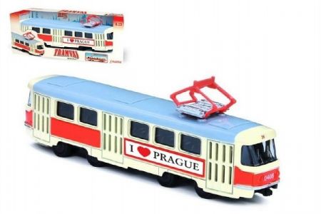 Tramvaj Tatra T3 česká kovová 16cm I LOVE PRAGUE retro na zpětný chod v krabičce 20x8x6cm 