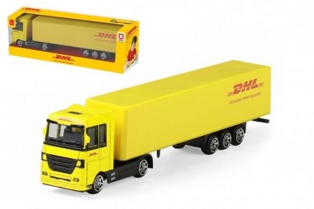 Auto kamion s návěsem DHL plast 19cm na volný chod v krabičce 20x6x4cm