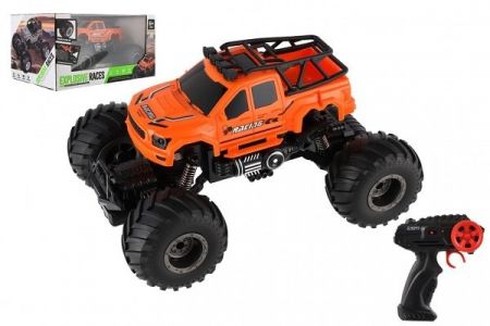 Auto RC pick up Off road terénní plast 23cm 2,4GHZ na baterie se světlem oranžový v krab. 