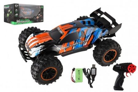 Auto RC Buggy rychlostní 2,4GHz plast 40cm dobíjecí pack+baterie oranžové-modré v krabici 