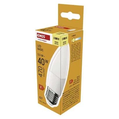 EMOS LED žárovka Basic svíčka / E27 / 5,5 W (40 W) / 470 lm / teplá bílá