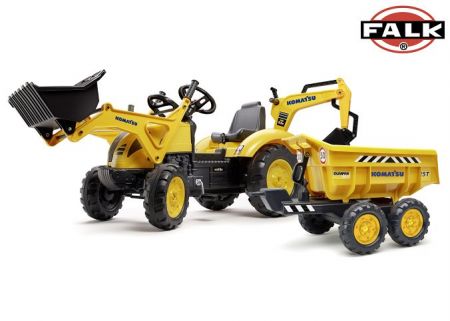 Falk Šlapací traktor 2086W Komatsu s bagrem a Maxi vyklápěcím přívěsem - žlutý