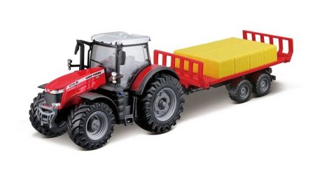 Bburago 10cm Farm tractor Messey Ferguson 8740S s přívěsem na balíky