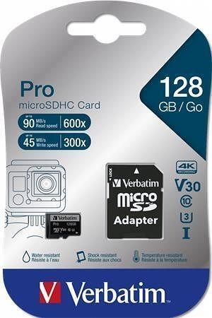 Paměťová karta &quot;PRO“, microSDXC, 128GB, CL10/U3, 90/45 MB/s, adaptér, VERBATIM 47044