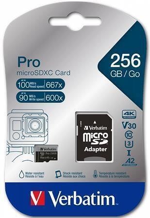 Paměťová karta &quot;PRO“, microSDXC, 256GB, CL10/U3/A2, 100/90 MB/s, adaptér, VERBATIM 47045