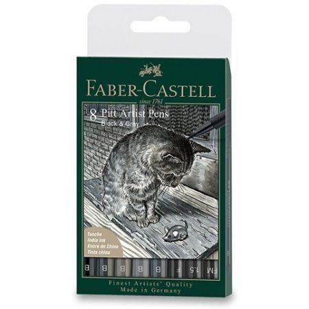 Popisovač Faber-Castell Pitt Artist Pen Black&amp;Grey sada 8 ks, různé hroty, černý a šedý