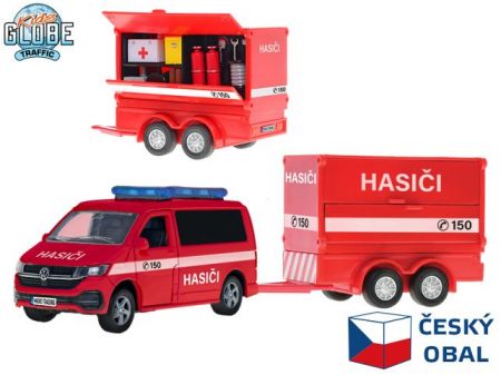 Kids Globe Traffic VW hasiči CZ design 27,5cm kov zpětný chod s přívěsem v krabičce