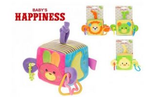 Kostka plyšová zvířátko 10cm s chrastítkem a kroužky Baby‚s Happiness