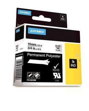 Páska, odolný polyester, 19 mm x 5,5 m, DYMO "Rhino", transparentní-černá