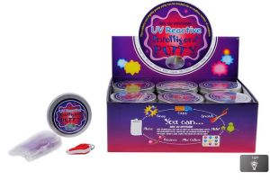 Chytrá hmota v plechovce měnící barvu pod UV světlem s UV klíčenkou