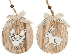 Oválek k zavěšení dřevěný slepička/zajíc 11 cm