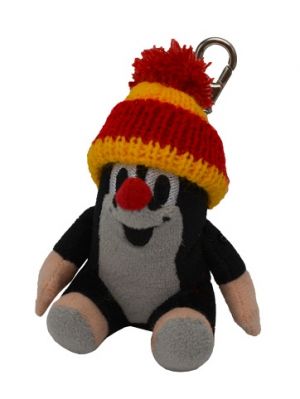 Krtek 9 cm sedící, kulich červeno-žlutý, karabinka