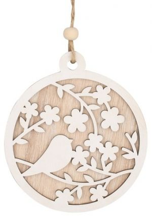 Dekorace s ptáčkem dřevěná k zavěšení 12 cm