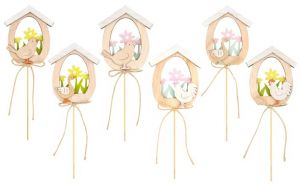 Domek dřevěný se zvířátkem a kytkami 9 cm + špejle