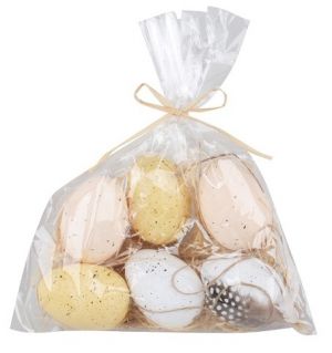 Plastová vajíčka s pírky 6 cm, 6 ks