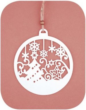 Koule dřevěná se stromem a vločkami na zavěšení 12 cm, bílá