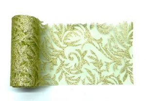 Organza 20 12cm/10y OLIVE/GOLD glitrovaná brokát