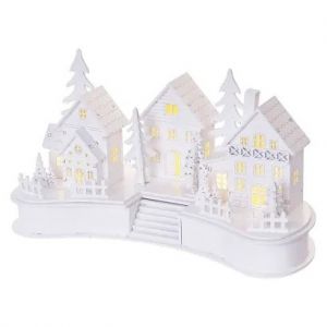 EMOS LED dekorace dřevěná bílá – vesnička, 16 cm, 2x AA, vnitřní, teplá bílá, časovač