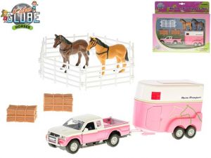 Kids Globe Horses Mitsubishi 13cm kov 1:32 na zpětný chod s přívěsem pro koně a doplňky v