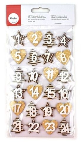 Dřevěná čísla k výrobě adventního kalendáře, samolepicí, sada 24 ks