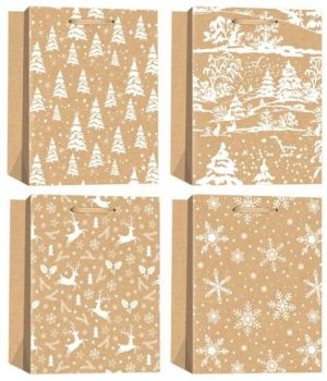 Taška kraftová vánoční s glitrem L 26 x 32 x 12 cm