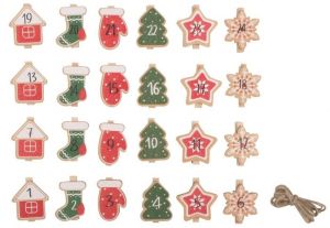 Dřevěná dekorace na kolíčku adventní kalendář 4,5 cm, 24 ks