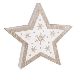 Hvězda s bílým potiskem dřevěná na postavení 12 x 12 x 2 cm