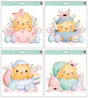 Okenní fólie kuřátka ve vajíčku s glitry 30 x 33,5 cm