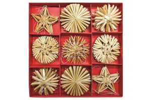 Slaměné ozdoby v krabičce cca 6 cm, 32 ks