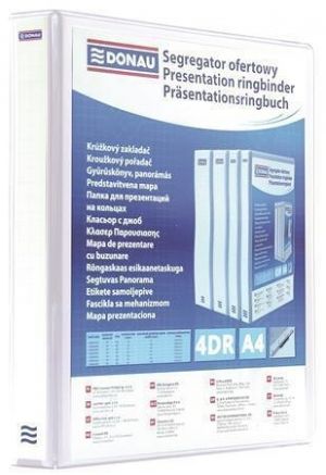 Kroužkový pořadač, s průhlednými kapsami, bílá, 4 D kroužky, 80 mm, A4, PP, DONAU