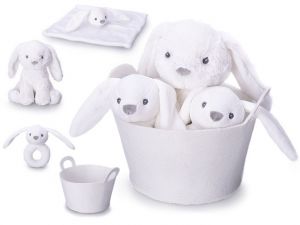 Zajíček plyšový 20cm bílý sedící s chrastítkem 13cm a usínáčkem v košíku 0m+ v sáčku