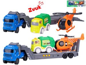 Auto nákladní 30cm na setrvačník na baterie se zvukem + vozidla popeláři 2ks v krabičce