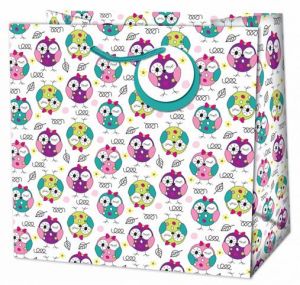 Dárková taška čtvercová- 22045 TQ Quad matt o rozměrech 15x6x14,5cm s motivem sov