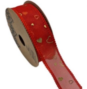 Dekorační stuha červená s zlatými srdíčky a krajkovým okrajem
