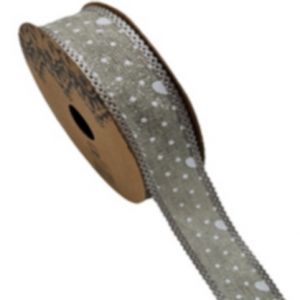 Dekorační stuha – šedá s bílými puntíky a srdíčky 2,5cm