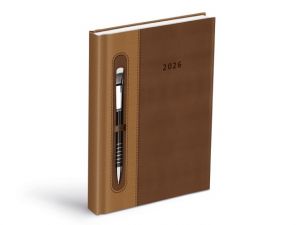 Diář denní D801 PU dark brown/beige - na propisku s gumkou 2026 / 20,5cm x 14cm / 7781456