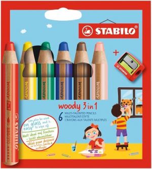 STABILO Pastelka, vodovka & voskovka v jednom - woody 3 in 1 - 6 ks sada s ořezávátkem - 6