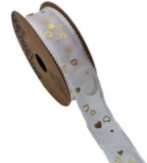 Dekorační stuha bílá s zlatými srdíčky a krajkovým okrajem