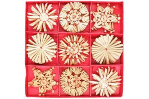 Slaměné ozdoby v krabičce cca 6 cm, 32 ks