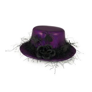 Mini klobouk fialový s černou květinou a pavoučky