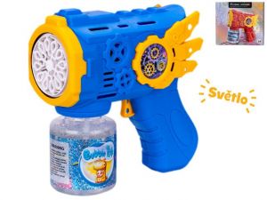 Bublifukovač pistole 13cm na baterie se světlem a s náplní 2barvy v krabičce