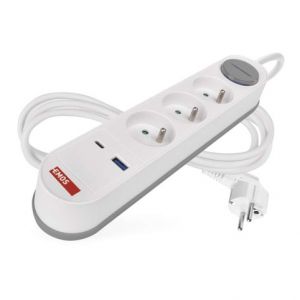 EMOS Prodlužovací kabel 2 m / 3 zásuvky / s vypínačem / bílo-šedý / 1×USB-A + 1×USB-C / 1,