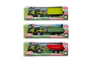 Traktor s vlekem plast 24cm na volný chod na baterie se světlem, zvukem 3 druhy v krabici
