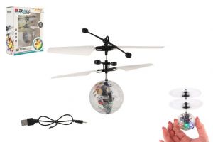 Vrtulníková koule létající plast 13x11cm reagující na pohyb ruky s USB kabelem průhledná v