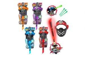 Ninja sada plast meč + maska + šipky 3ks na baterie se zvukem, světlem 4 barvy na kartě