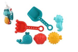 Sada na písek plast lopatka,hrabičky,formičky 4ks v síťce 10x16cm 18m+