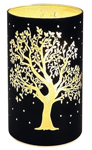 Svítící skleněný válec s motivem stromu – černý, 15 x 9 cm, teplá bílá, 10 LED, časovač