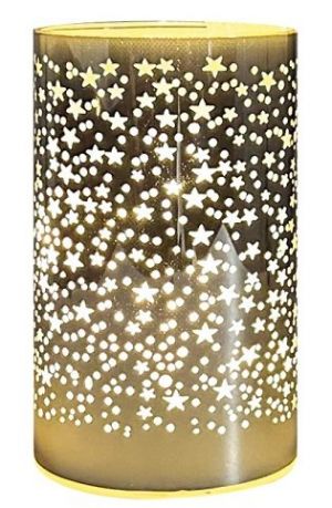 Svítící skleněný válec s hvězdičkami – zlatý, 15 x 9 cm, teplá bílá, 10 LED, časovač