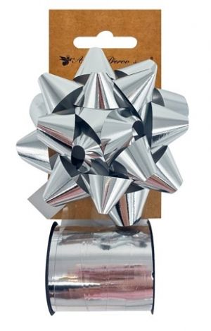 Sada na balení dárků stříbrná, rozeta 10 x 5 x 10 cm, stuha 1 cm x 10 m
